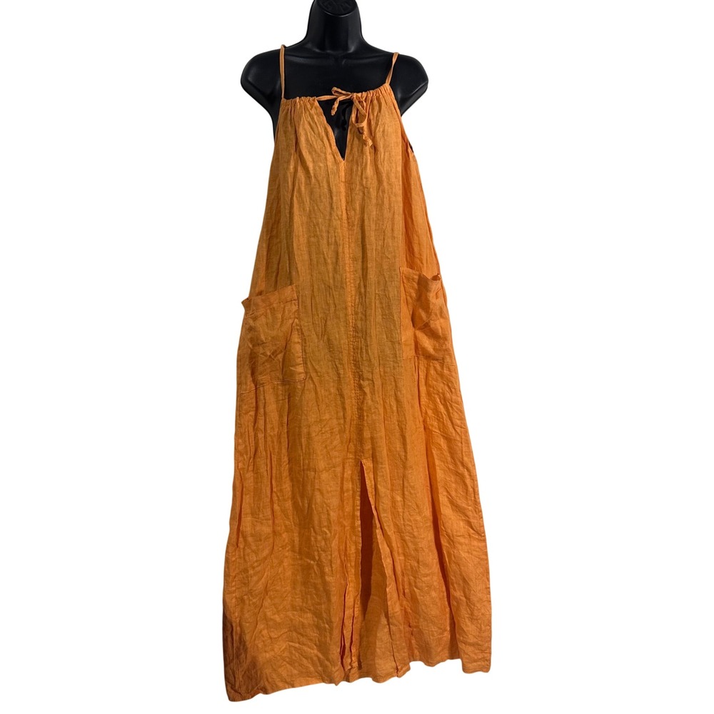 Meo Meli Italy Orange 100% Linen Maxi Dress Spaghetti Strap Pockets boho beach